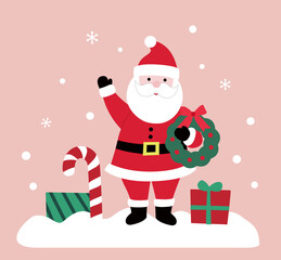Santa Claus is standing in the snow and waving, holding a green wreath in his hand, with gift bags and candy canes beside him.
Flat vector illustration.
Good for greeting card, poster, banner, leaflet