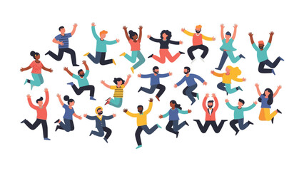 Joyful Leap: Capturing the essence of pure happiness, a vibrant collection of diverse individuals takes flight in mid-air, expressing elation, freedom.