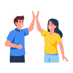 High-Five Celebration: Two individuals, a man and woman, joyfully celebrate with a high-five, a symbol of teamwork, happiness and camaraderie.