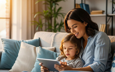 A loving mother and her young daughter sitting on a cozy sofa at home, happily using a digital tablet together. Warm sunlight creates a peaceful and joyful family bonding moment indoors.
