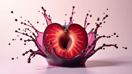 Juicy plum halved with dramatic splash of dark liquid against soft pink backdrop