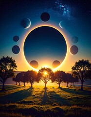 Sunrise solar eclipse over a field of trees