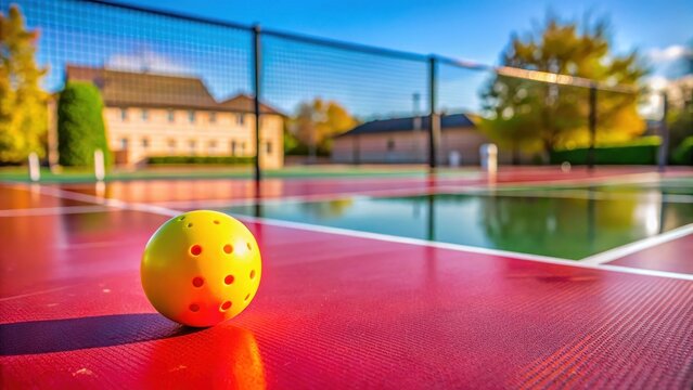 Bouncing ball on a red pickleball court with the kitchen in background horizontal