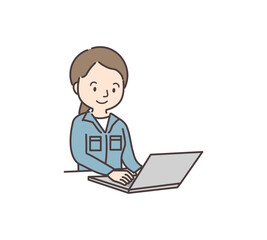 作業服姿でパソコンを使う女性のイラスト