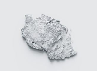 Snowy Tanzania Map White and Gray Shaded Relief Textured. 3D illustration