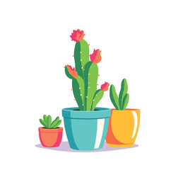 Vector art of three potted cacti with flowers