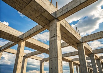 Fototapeta premium Concrete skeleton of a building under construction, featuring columns and beams against a blue sky.