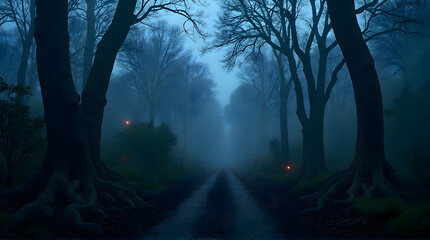 Obraz premium Misty Forest Path at Dusk 