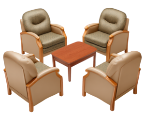 Four comfortable armchairs with wooden accents surround rectangular wooden coffee table, creating cozy and inviting seating area for conversation or relaxation