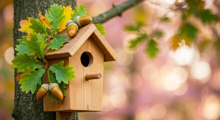 A wooden birdhouse decorated with an oak branch with ripe acorns. Care and preparation of a home for birds in the autumn period