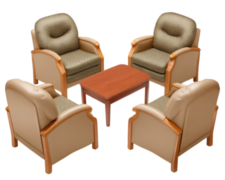 Four comfortable armchairs with wooden accents surround rectangular wooden coffee table, creating cozy and inviting seating area for conversation or relaxation