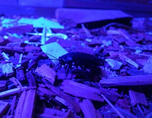 Dark insect amidst purple wood chips