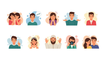 Diverse Emotions: A collection of illustrations showcasing a wide range of human feelings and expressions, from whispering secrets to expressions of surprise, and other human moments.