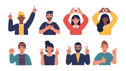 Expressing the Feelings: A collection of individuals each embodies distinct emotional expressions and symbols. Representing happiness, love, victory, and peace using body language.