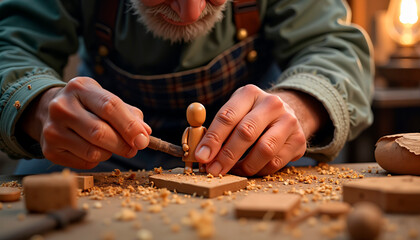 Elderly man carving wooden toy figurine in workshop for International Older Persons Day  