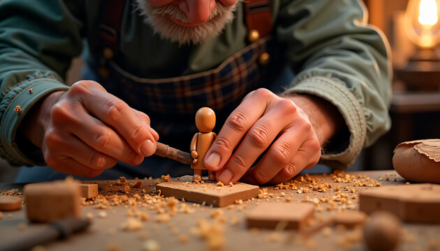 Elderly man carving wooden toy figurine in workshop for International Older Persons Day - Powered by Adobe