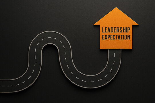 A winding road with a glowing orange arrow labeled leadership expectation symbolizing a journey of guidance and vision