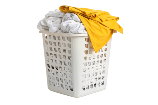White laundry basket filled with white clothes and bright yellow garment draped over edge, isolated on a transparent background