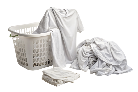 White laundry basket with white t-shirt draped over side and folded clothes beside it, isolated on a transparent background