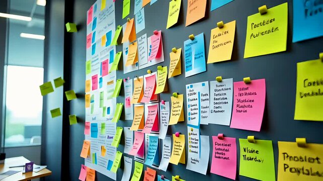 Colorful sticky notes covering wall in office room with natural daylight showing brainstorming and creative planning process