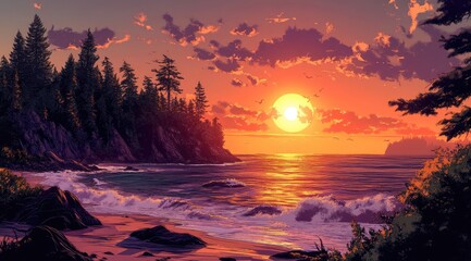 Coastal sunset over rocky beach