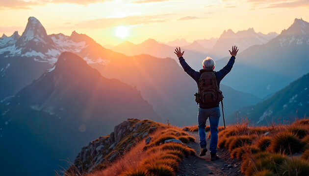 Gray-haired hiker celebrating mountain summit at sunset — Concept of International Older Persons Day