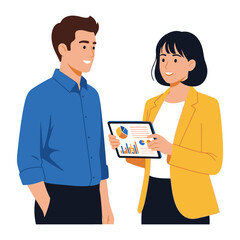 Business Insights Discussion: A business man and woman, deeply engaged in an animated business conversation, centered around data analysis from a tablet.