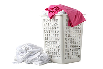 Tall white laundry hamper with pink clothing draped over top and white garments nearby, isolated on a transparent background
