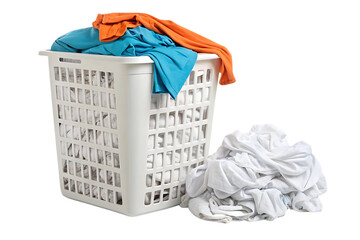 White laundry basket with colorful clothes overflowing, orange and blue garments spilling out, isolated on a transparent background
