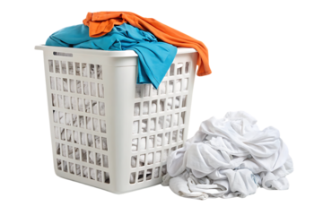 White laundry basket with colorful clothes overflowing, orange and blue garments spilling out, isolated on a transparent background