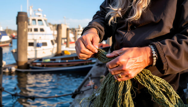 Elderly man mending fishing nets by the dock at sunset for International Older Persons Day - Powered by Adobe