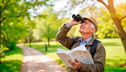 Senior man birdwatching in nature reserve with binoculars and guidebook - Concept of International Older Persons Day  