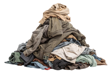 Large messy pile of mixed clothing items including pants, shirts, and fabric in earth tones, isolated on a transparent background