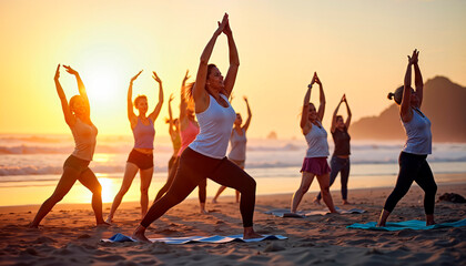Group of senior women practicing yoga on beach at sunrise for International Older Persons Day