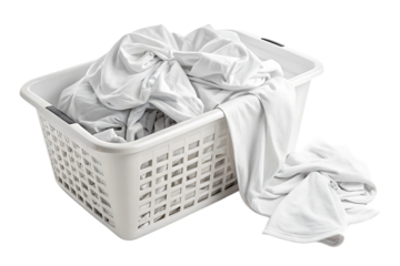 White rectangular laundry basket containing white clothes, organized clean garments stored in ventilated plastic container, isolated on a transparent background