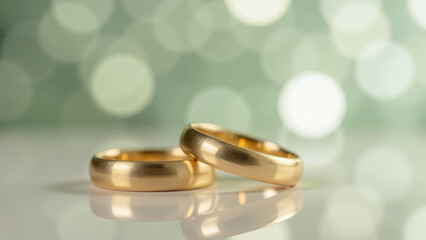 Elegant gold wedding rings resting reflective surface, symbolizing love and commitment, with soft bokeh background enhancing romantic atmosphere