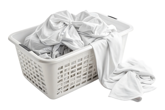 White rectangular laundry basket containing white clothes, organized clean garments stored in ventilated plastic container, isolated on a transparent background