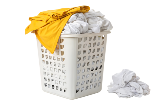 White plastic laundry hamper overflowing with colorful clothes including yellow shirt and white garments, isolated on a transparent background
