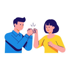 Cooperation and collaboration: A joyful and enthusiastic illustration depicting two individuals engaged in the gesture of a fist bump, emphasizing the themes of unity and mutual respect. 