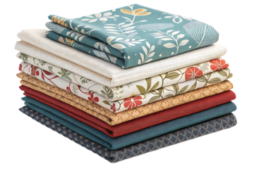 Stack of decorative fabric pieces with floral and botanical patterns in teal coral beige colors, isolated on a transparent background
