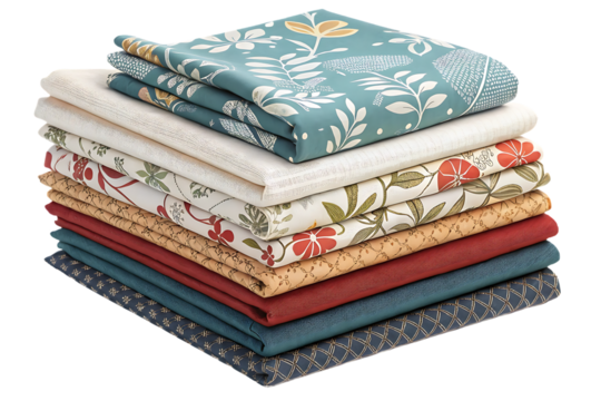 Stack of decorative fabric pieces with floral and botanical patterns in teal coral beige colors, isolated on a transparent background