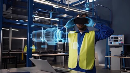Industrial engineer wearing a vr headset interacts with a holographic projection of an engine, utilizing augmented reality for design and maintenance in a modern factory setting - Powered by Adobe
