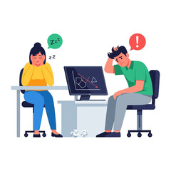 Exhausted Office Colleagues: A scene of workplace fatigue and stress, featuring a slumped colleague overwhelmed by a failure chart and a sleepy individual.