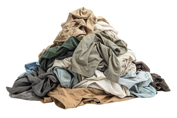 Mountain of neutral-toned laundry with earth colors dominating the wrinkled clothing pile arrangement, isolated on a transparent background
