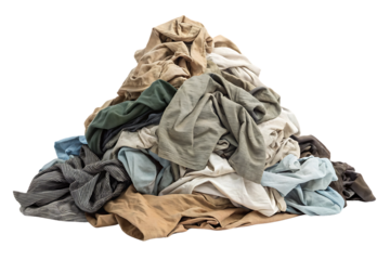 Mountain of neutral-toned laundry with earth colors dominating the wrinkled clothing pile arrangement, isolated on a transparent background