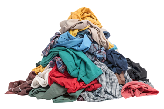 Large pile of colorful mixed clothing items creating chaotic heap of fabric textures and patterns, isolated on a transparent background