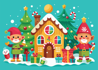 Naklejka premium A cheerful, cartoon-style illustration depicting two elves in front of a gingerbread house surrounded by Christmas trees, gifts, and candy canes.