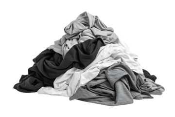 Large pile of crumpled colorful clothing including shirts, pants, and fabric pieces jumbled together, isolated on a transparent background