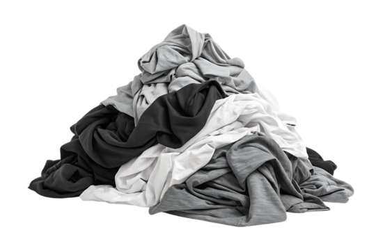 Large pile of crumpled colorful clothing including shirts, pants, and fabric pieces jumbled together, isolated on a transparent background