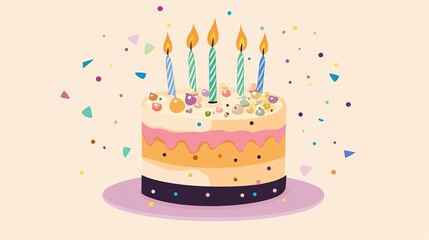 A colorful birthday cake adorned with five lit candles and festive decorations, celebrating a joyful occasion with vibrant confetti.